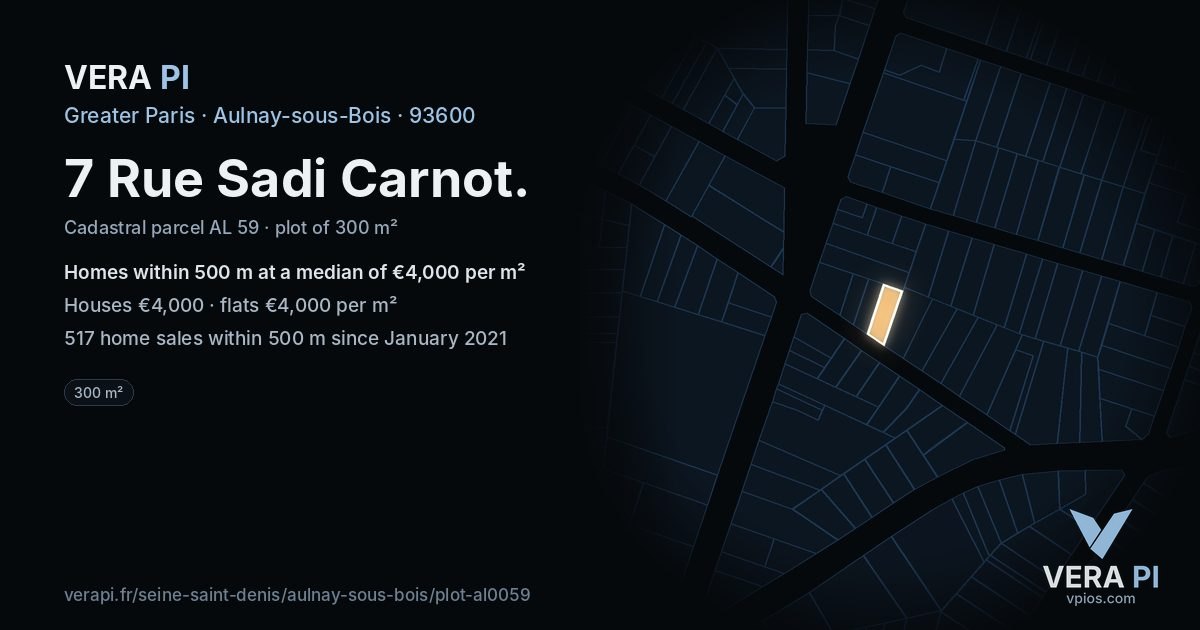7 Rue Sadi Carnot, Aulnay-sous-Bois at night – the plot lit, the parcels around coloured by the prices near them