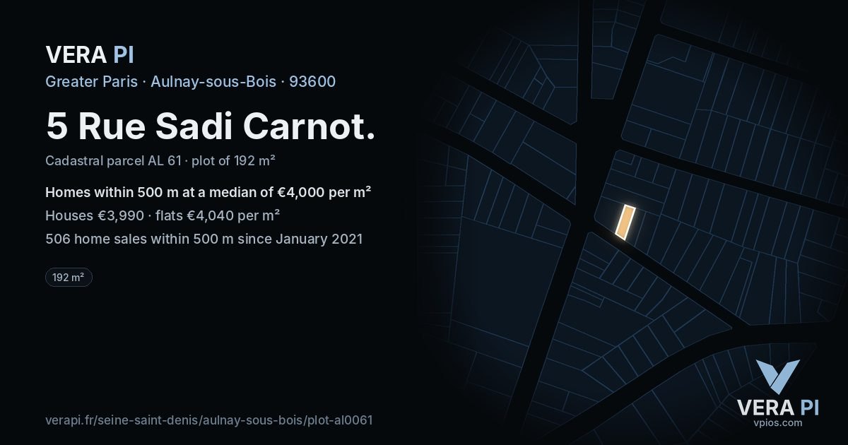 5 Rue Sadi Carnot, Aulnay-sous-Bois at night – the plot lit, the parcels around coloured by the prices near them