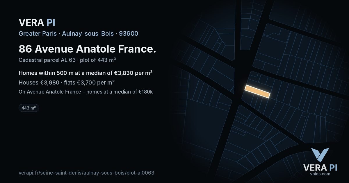 86 Avenue Anatole France, Aulnay-sous-Bois at night – the plot lit, the parcels around coloured by the prices near them