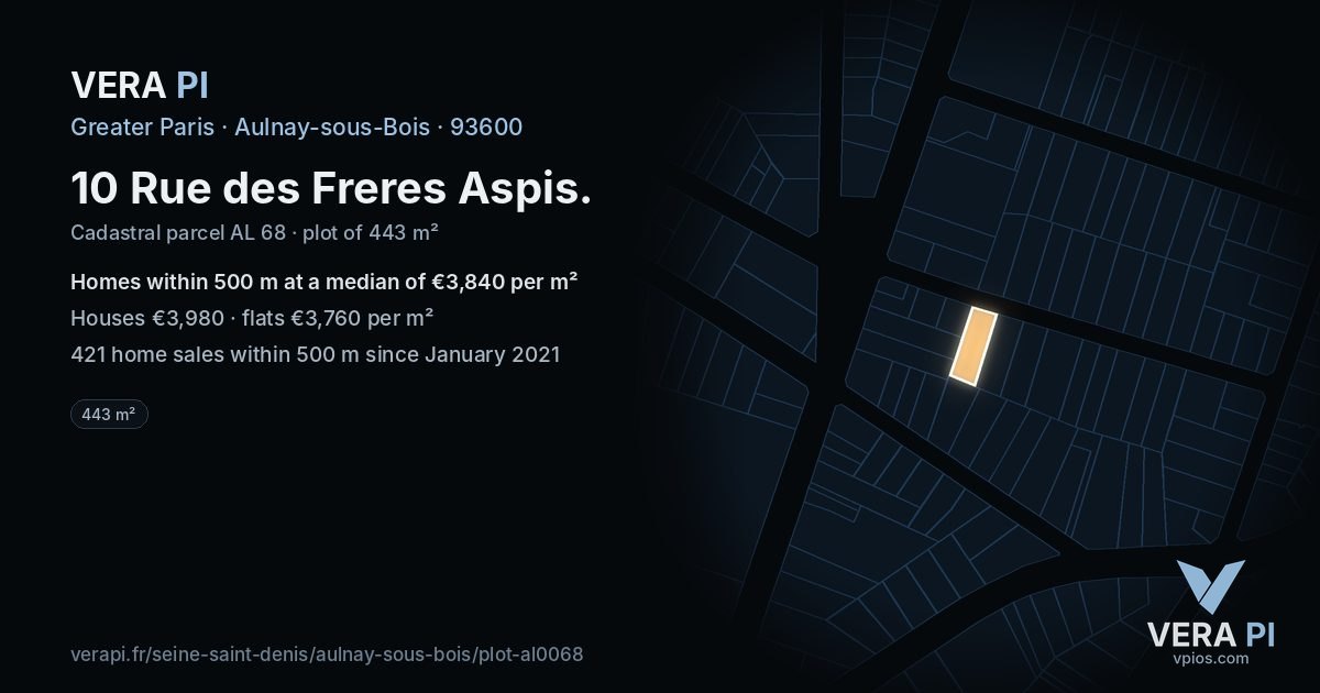 10 Rue des Freres Aspis, Aulnay-sous-Bois at night – the plot lit, the parcels around coloured by the prices near them