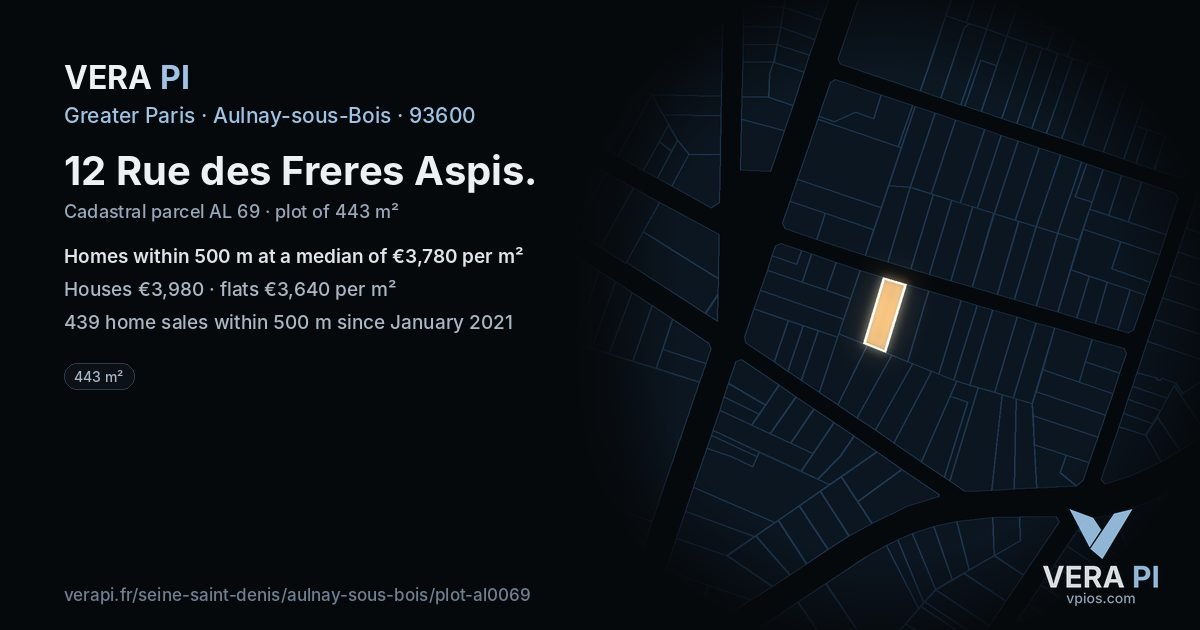 12 Rue des Freres Aspis, Aulnay-sous-Bois at night – the plot lit, the parcels around coloured by the prices near them