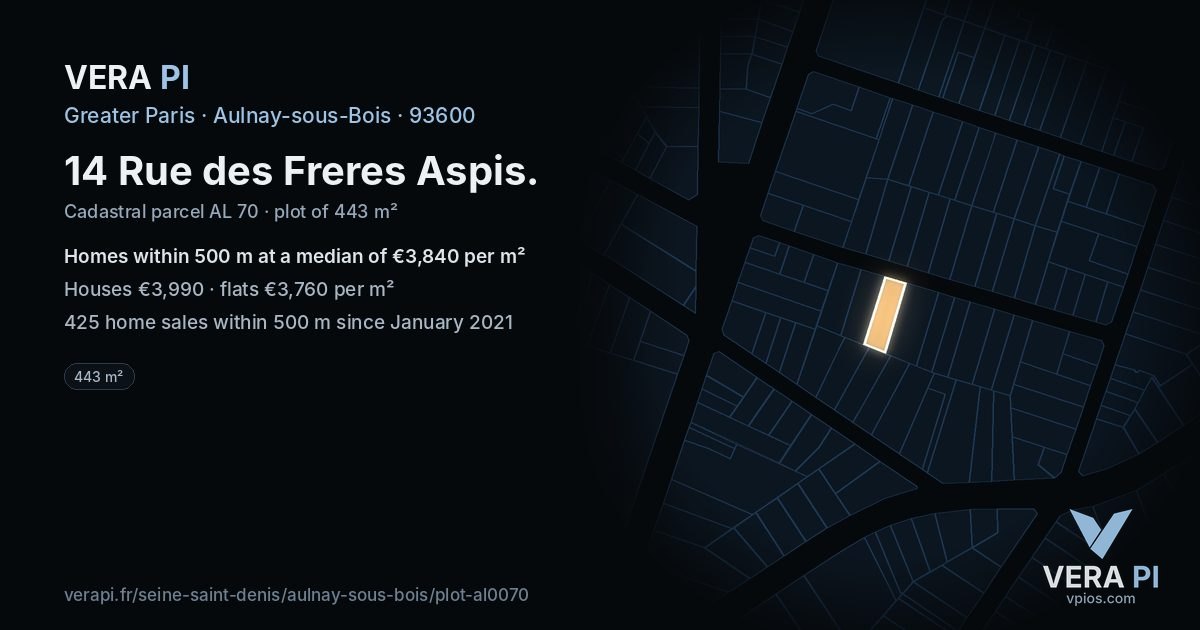 14 Rue des Freres Aspis, Aulnay-sous-Bois at night – the plot lit, the parcels around coloured by the prices near them