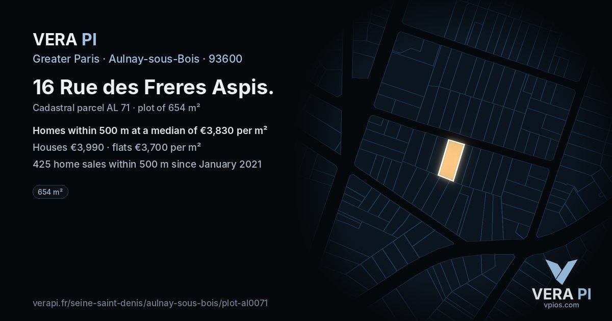 16 Rue des Freres Aspis, Aulnay-sous-Bois at night – the plot lit, the parcels around coloured by the prices near them