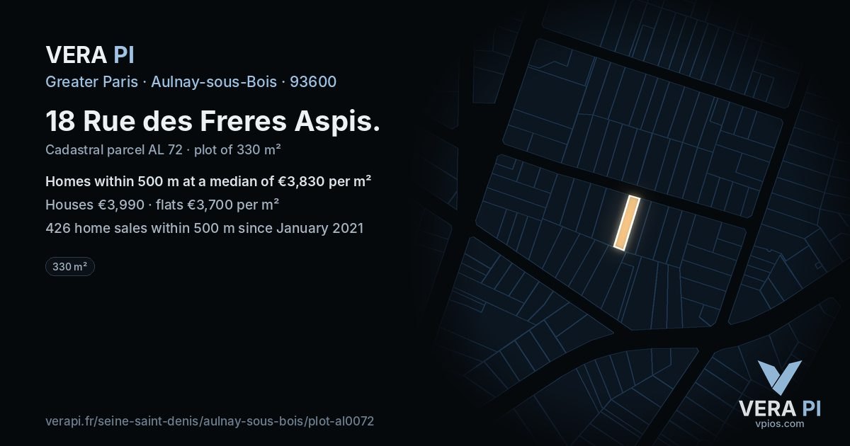 18 Rue des Freres Aspis, Aulnay-sous-Bois at night – the plot lit, the parcels around coloured by the prices near them