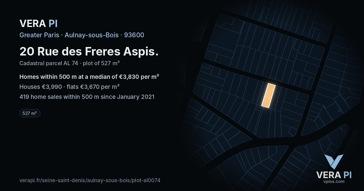 20 Rue des Freres Aspis, Aulnay-sous-Bois at night – the plot lit, the parcels around coloured by the prices near them