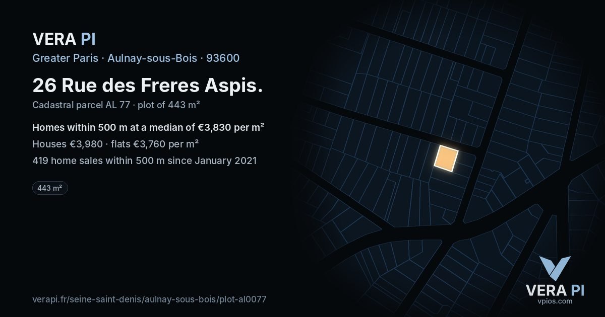 26 Rue des Freres Aspis, Aulnay-sous-Bois at night – the plot lit, the parcels around coloured by the prices near them