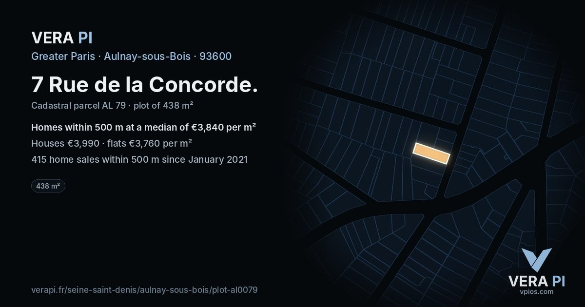 7 Rue de la Concorde, Aulnay-sous-Bois at night – the plot lit, the parcels around coloured by the prices near them