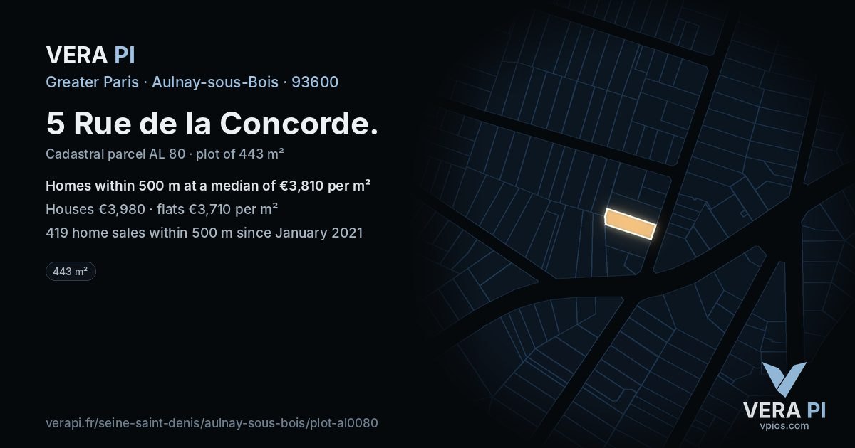 5 Rue de la Concorde, Aulnay-sous-Bois at night – the plot lit, the parcels around coloured by the prices near them