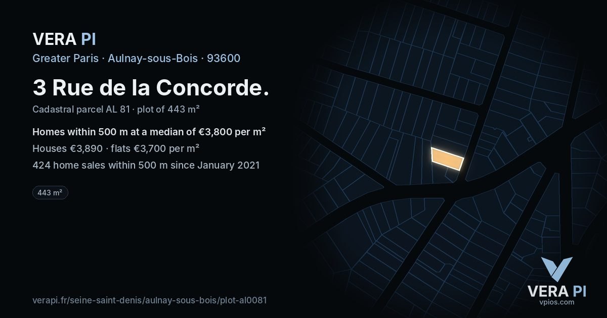 3 Rue de la Concorde, Aulnay-sous-Bois at night – the plot lit, the parcels around coloured by the prices near them
