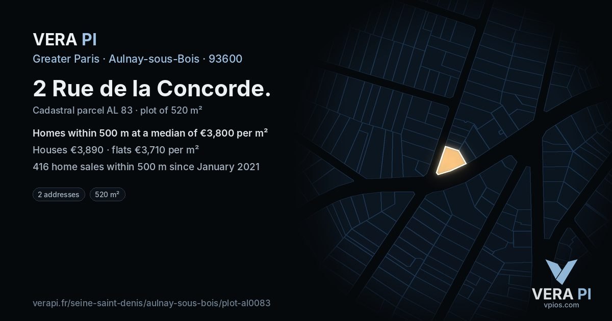 2 Rue de la Concorde, Aulnay-sous-Bois at night – the plot lit, the parcels around coloured by the prices near them