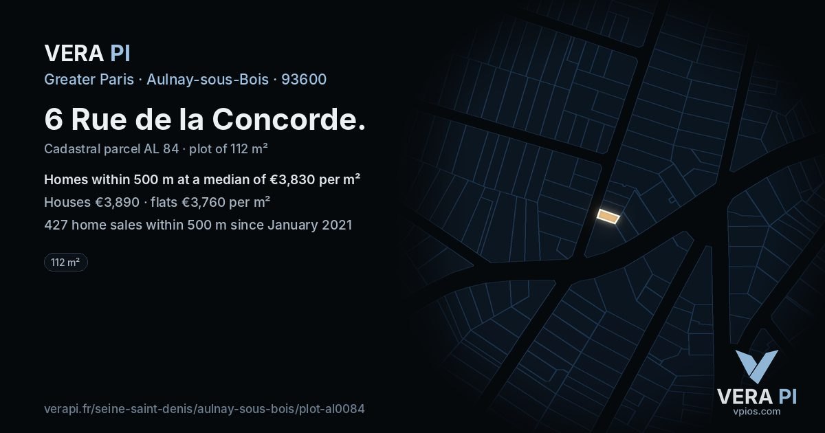6 Rue de la Concorde, Aulnay-sous-Bois at night – the plot lit, the parcels around coloured by the prices near them