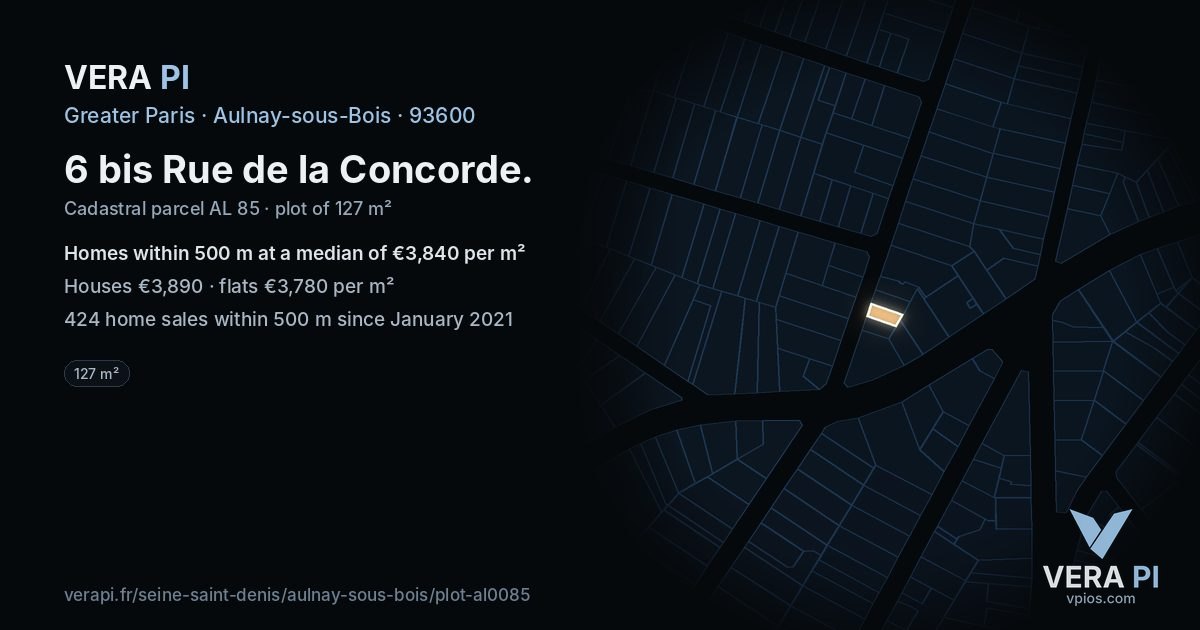6 bis Rue de la Concorde, Aulnay-sous-Bois at night – the plot lit, the parcels around coloured by the prices near them