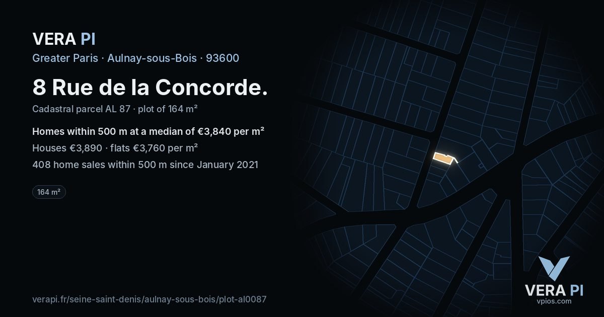 8 Rue de la Concorde, Aulnay-sous-Bois at night – the plot lit, the parcels around coloured by the prices near them