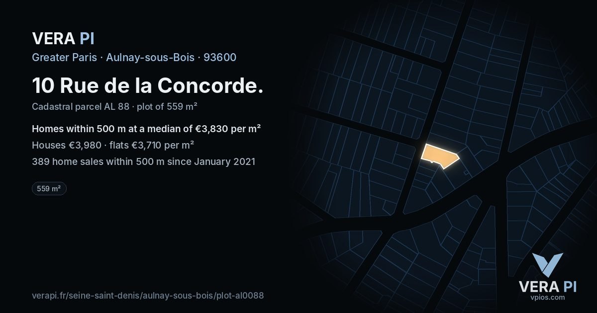 10 Rue de la Concorde, Aulnay-sous-Bois at night – the plot lit, the parcels around coloured by the prices near them