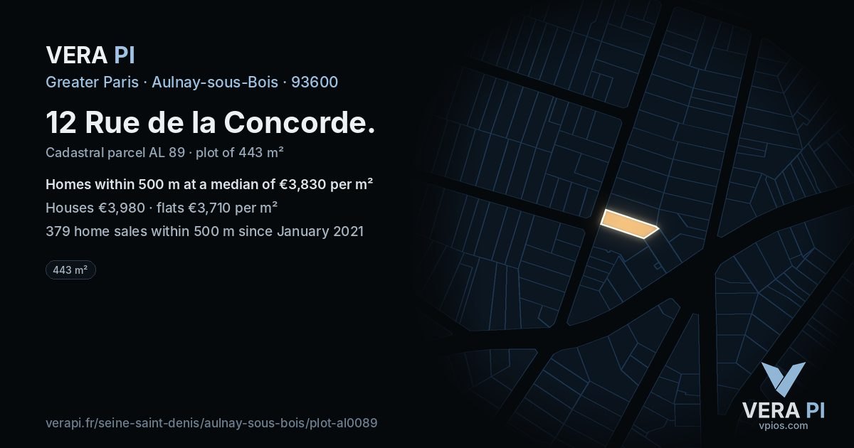 12 Rue de la Concorde, Aulnay-sous-Bois at night – the plot lit, the parcels around coloured by the prices near them
