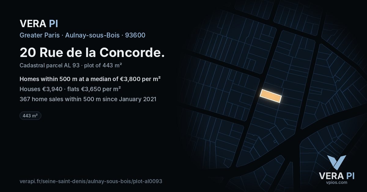 20 Rue de la Concorde, Aulnay-sous-Bois at night – the plot lit, the parcels around coloured by the prices near them