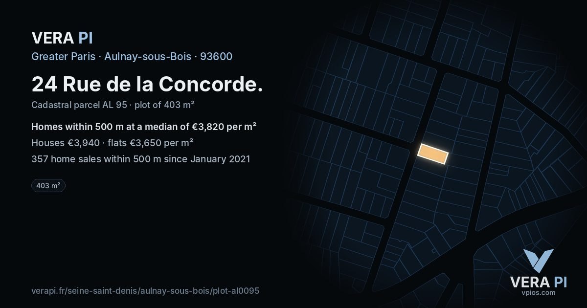 24 Rue de la Concorde, Aulnay-sous-Bois at night – the plot lit, the parcels around coloured by the prices near them