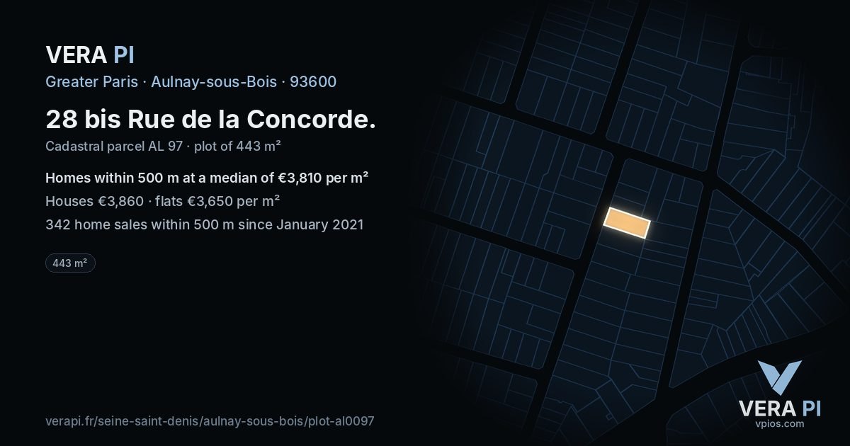 28 bis Rue de la Concorde, Aulnay-sous-Bois at night – the plot lit, the parcels around coloured by the prices near them