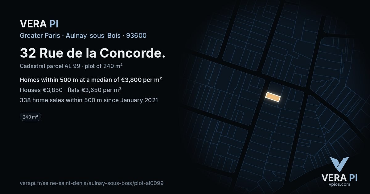 32 Rue de la Concorde, Aulnay-sous-Bois at night – the plot lit, the parcels around coloured by the prices near them