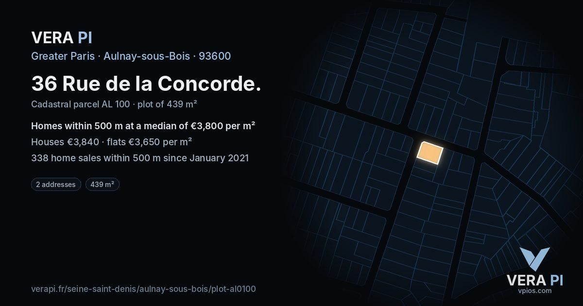36 Rue de la Concorde, Aulnay-sous-Bois at night – the plot lit, the parcels around coloured by the prices near them