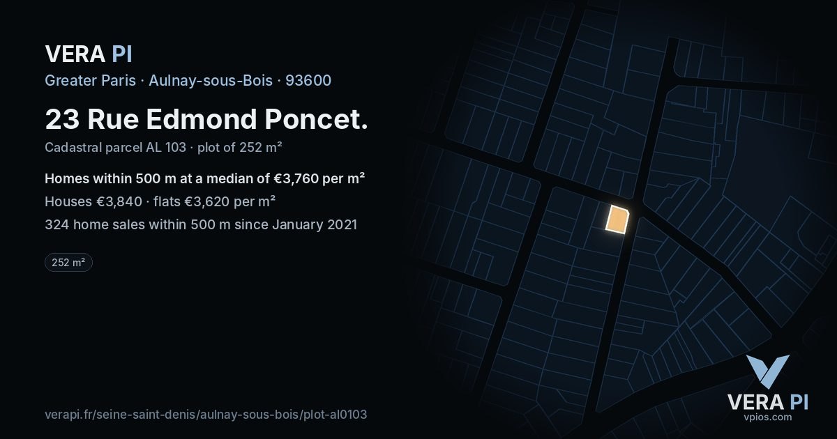 23 Rue Edmond Poncet, Aulnay-sous-Bois at night – the plot lit, the parcels around coloured by the prices near them