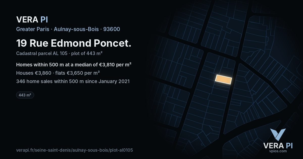 19 Rue Edmond Poncet, Aulnay-sous-Bois at night – the plot lit, the parcels around coloured by the prices near them
