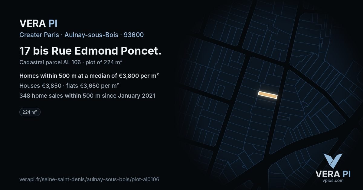 17 bis Rue Edmond Poncet, Aulnay-sous-Bois at night – the plot lit, the parcels around coloured by the prices near them
