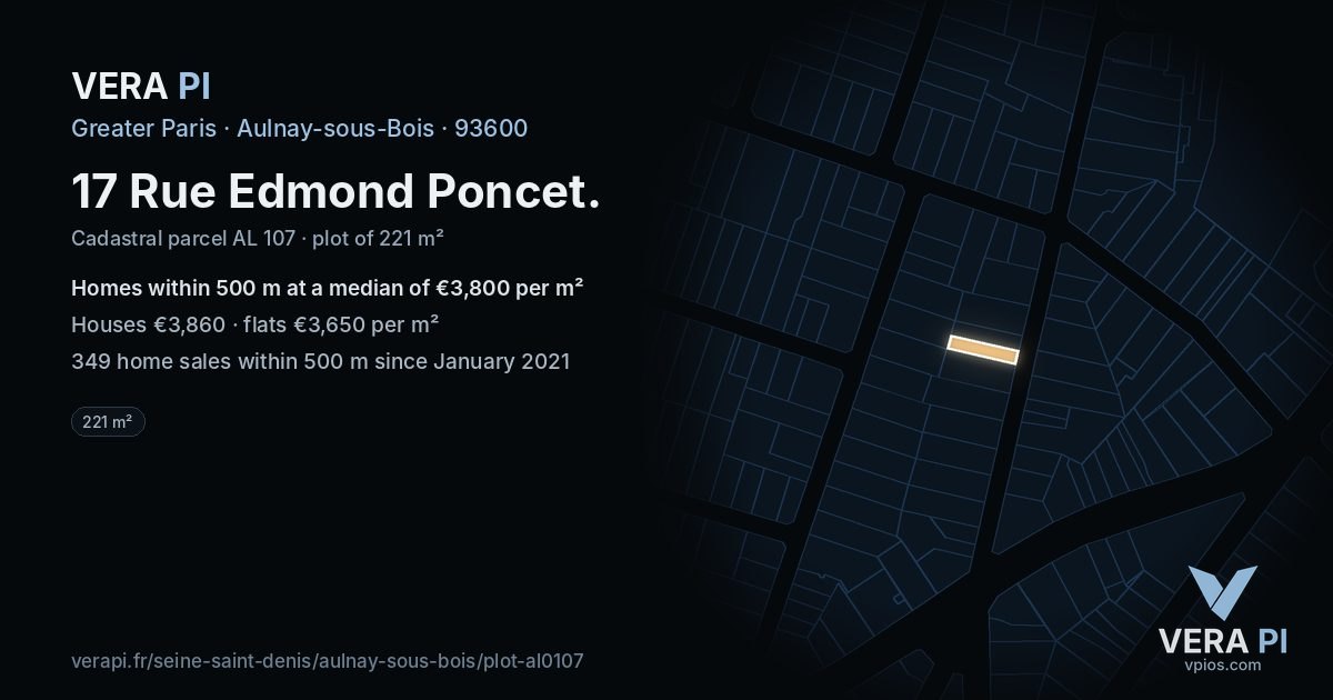 17 Rue Edmond Poncet, Aulnay-sous-Bois at night – the plot lit, the parcels around coloured by the prices near them