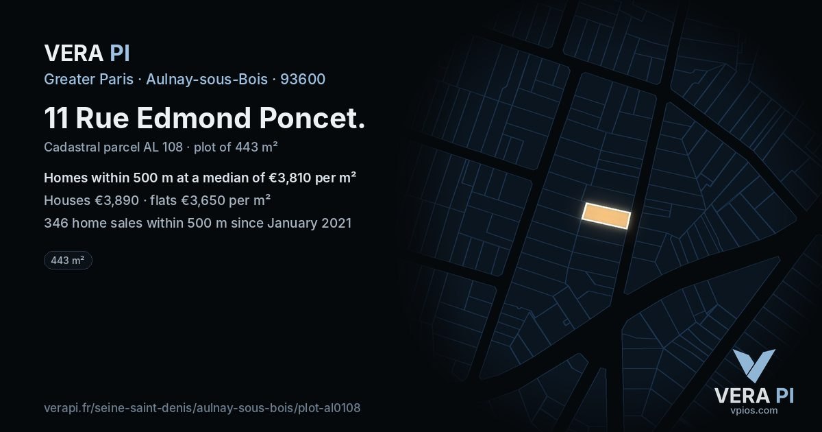11 Rue Edmond Poncet, Aulnay-sous-Bois at night – the plot lit, the parcels around coloured by the prices near them
