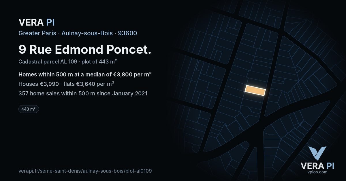 9 Rue Edmond Poncet, Aulnay-sous-Bois at night – the plot lit, the parcels around coloured by the prices near them