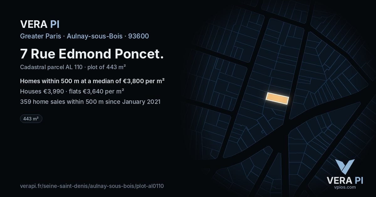 7 Rue Edmond Poncet, Aulnay-sous-Bois at night – the plot lit, the parcels around coloured by the prices near them