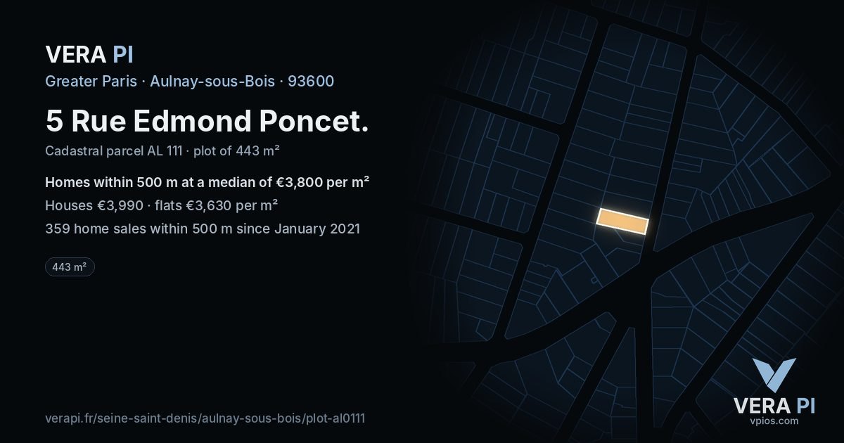 5 Rue Edmond Poncet, Aulnay-sous-Bois at night – the plot lit, the parcels around coloured by the prices near them