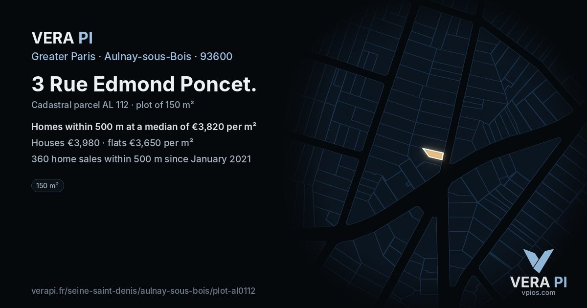 3 Rue Edmond Poncet, Aulnay-sous-Bois at night – the plot lit, the parcels around coloured by the prices near them