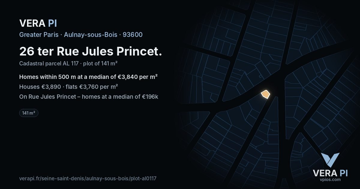 26 ter Rue Jules Princet, Aulnay-sous-Bois at night – the plot lit, the parcels around coloured by the prices near them