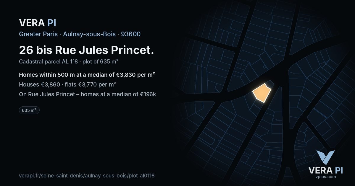 26 bis Rue Jules Princet, Aulnay-sous-Bois at night – the plot lit, the parcels around coloured by the prices near them