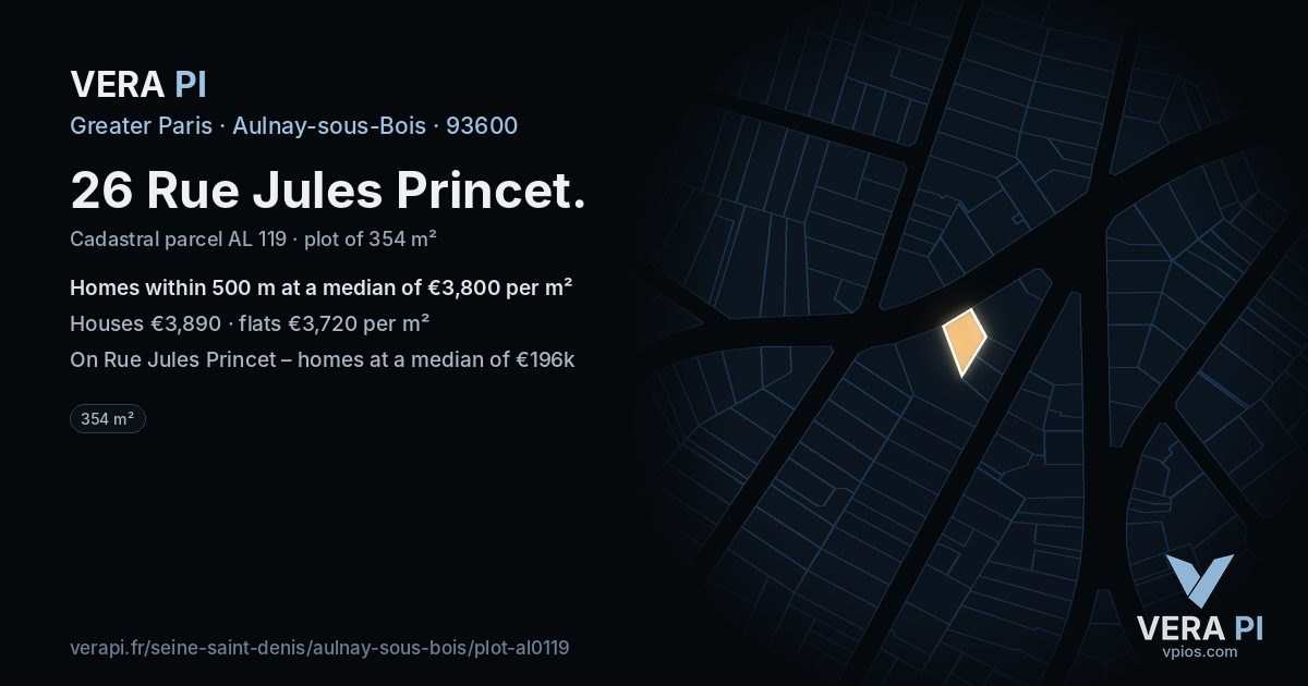26 Rue Jules Princet, Aulnay-sous-Bois at night – the plot lit, the parcels around coloured by the prices near them