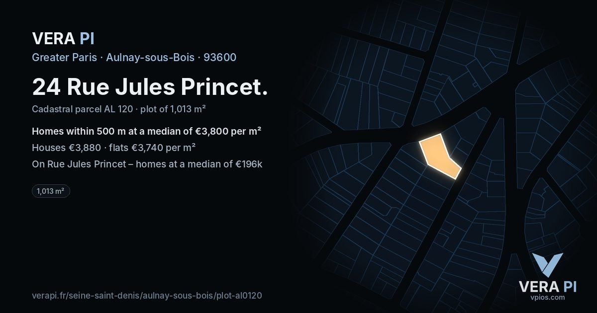 24 Rue Jules Princet, Aulnay-sous-Bois at night – the plot lit, the parcels around coloured by the prices near them