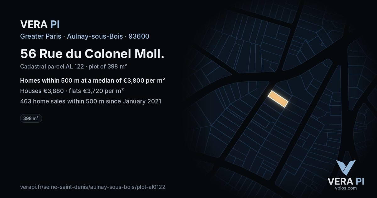 56 Rue du Colonel Moll, Aulnay-sous-Bois at night – the plot lit, the parcels around coloured by the prices near them