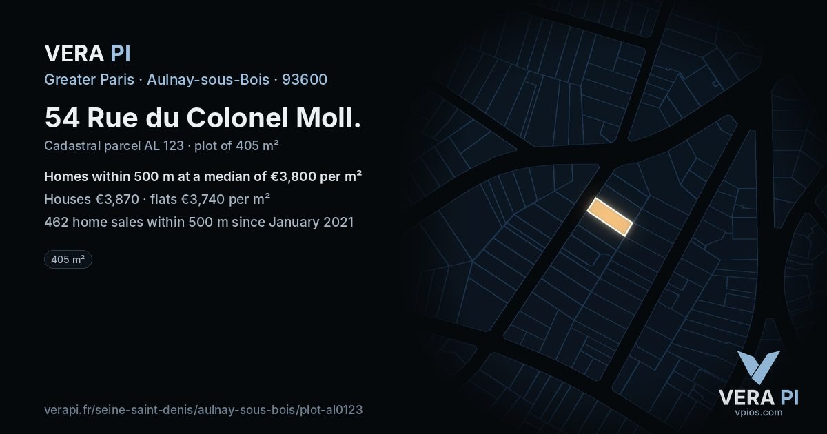 54 Rue du Colonel Moll, Aulnay-sous-Bois at night – the plot lit, the parcels around coloured by the prices near them