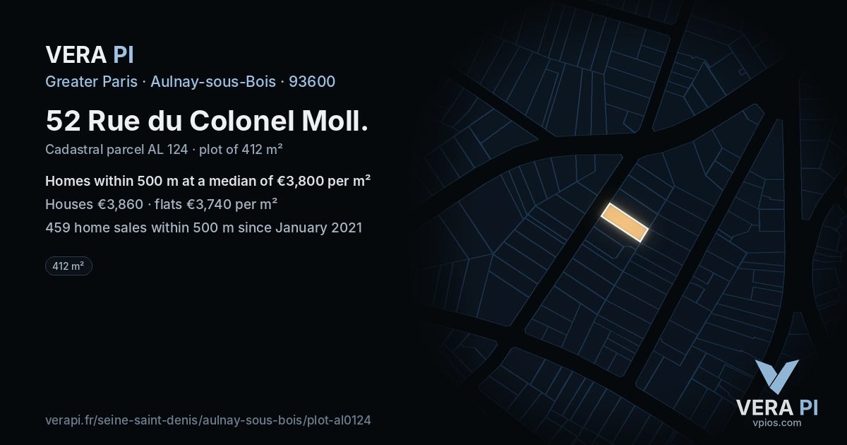 52 Rue du Colonel Moll, Aulnay-sous-Bois at night – the plot lit, the parcels around coloured by the prices near them