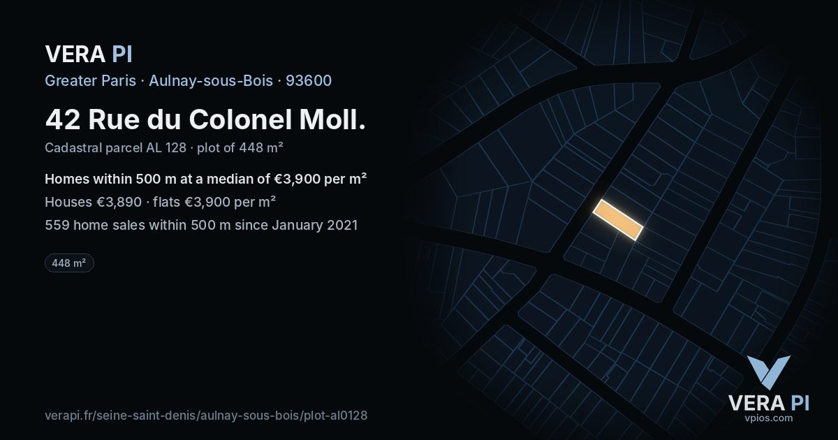 42 Rue du Colonel Moll, Aulnay-sous-Bois at night – the plot lit, the parcels around coloured by the prices near them