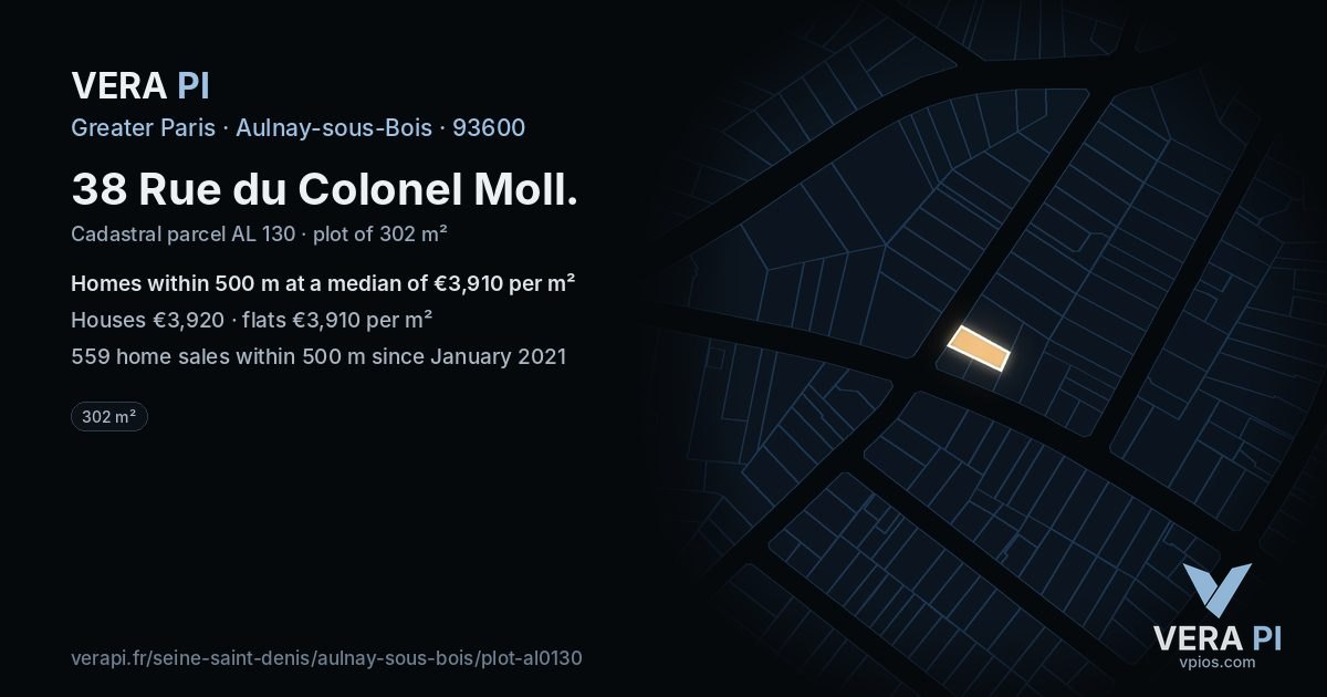 38 Rue du Colonel Moll, Aulnay-sous-Bois at night – the plot lit, the parcels around coloured by the prices near them