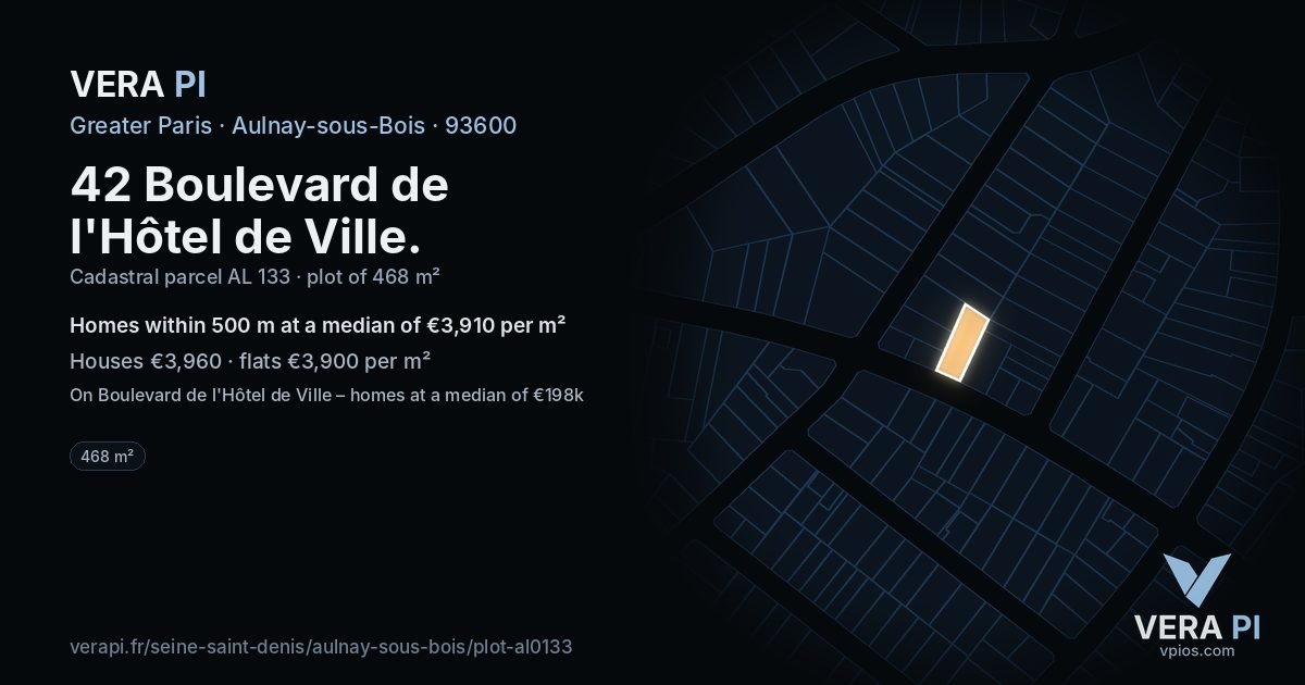 42 Boulevard de l'Hôtel de Ville, Aulnay-sous-Bois at night – the plot lit, the parcels around coloured by the prices near them