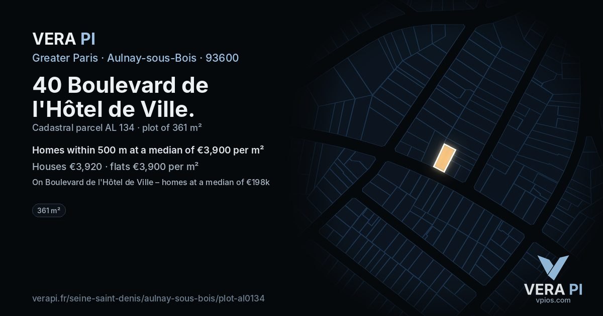 40 Boulevard de l'Hôtel de Ville, Aulnay-sous-Bois at night – the plot lit, the parcels around coloured by the prices near them