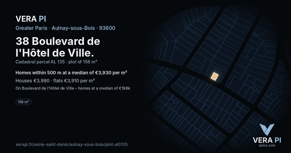 38 Boulevard de l'Hôtel de Ville, Aulnay-sous-Bois at night – the plot lit, the parcels around coloured by the prices near them
