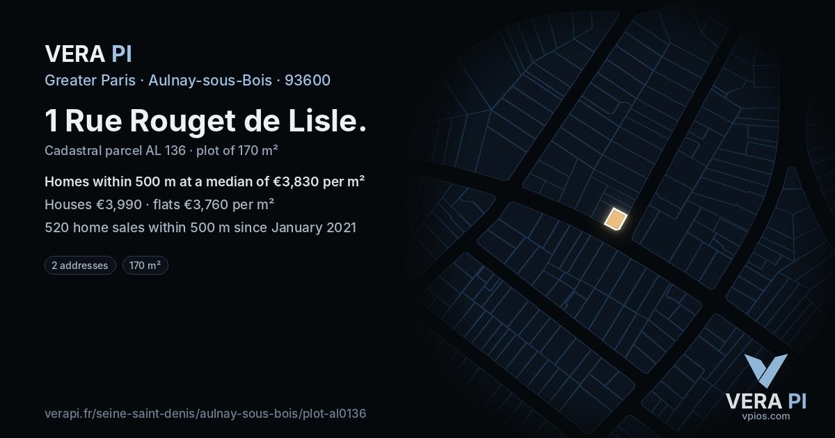 1 Rue Rouget de Lisle, Aulnay-sous-Bois at night – the plot lit, the parcels around coloured by the prices near them