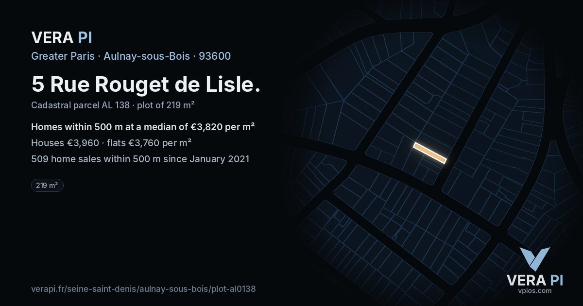 5 Rue Rouget de Lisle, Aulnay-sous-Bois at night – the plot lit, the parcels around coloured by the prices near them