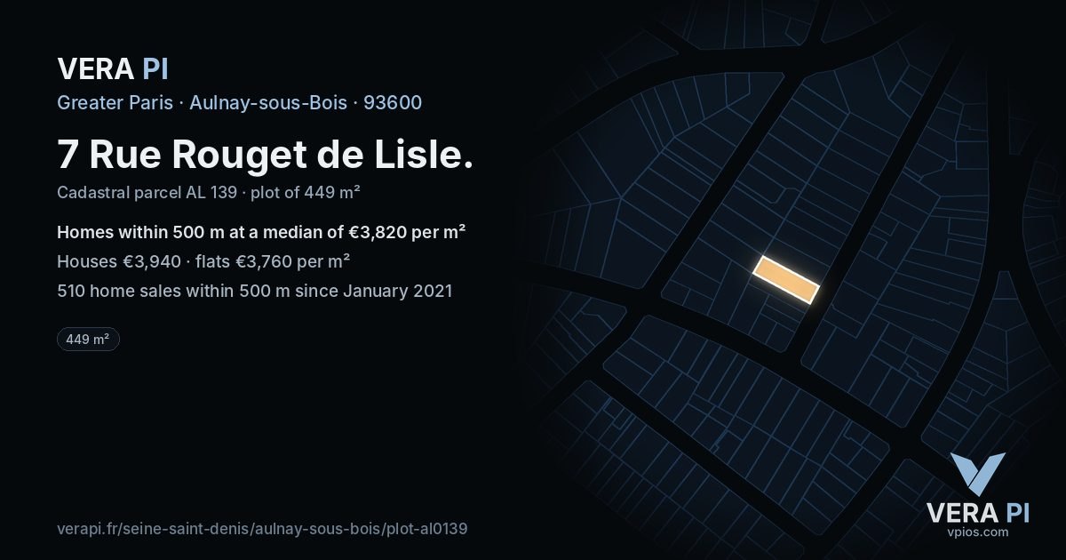 7 Rue Rouget de Lisle, Aulnay-sous-Bois at night – the plot lit, the parcels around coloured by the prices near them