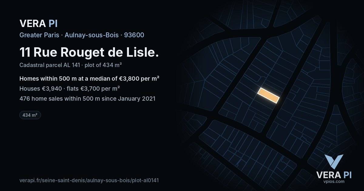 11 Rue Rouget de Lisle, Aulnay-sous-Bois at night – the plot lit, the parcels around coloured by the prices near them