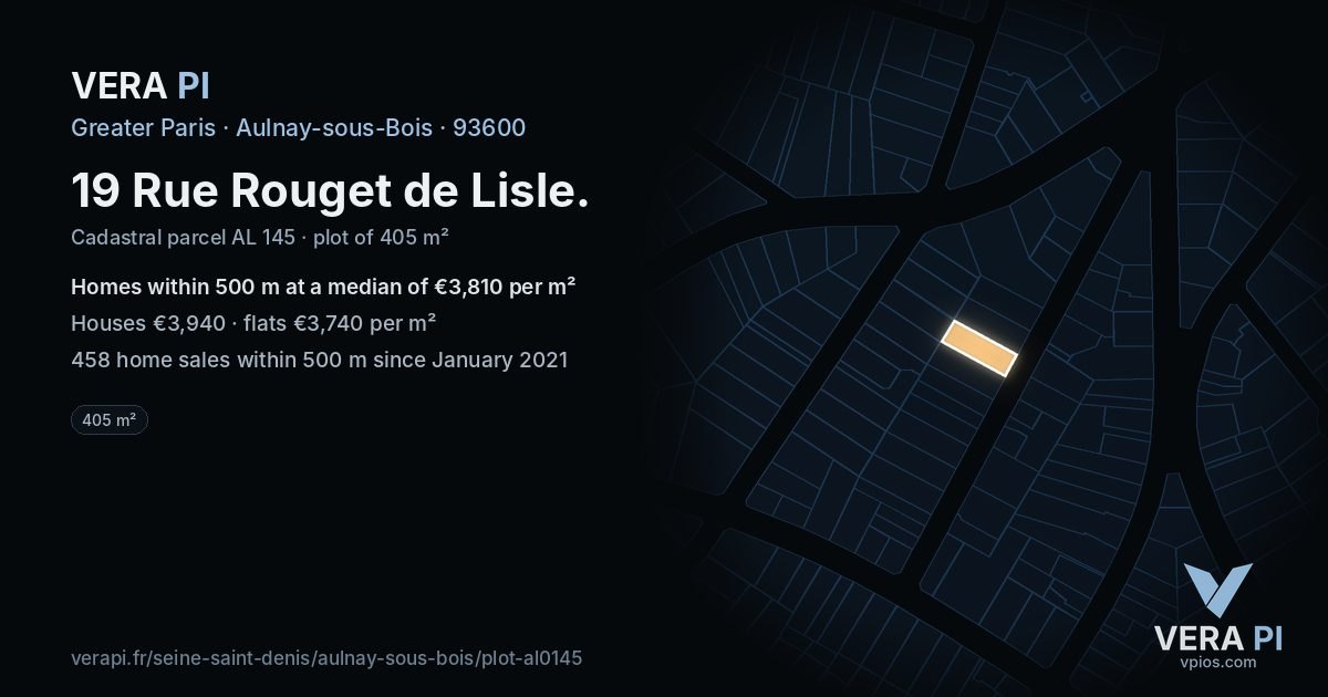 19 Rue Rouget de Lisle, Aulnay-sous-Bois at night – the plot lit, the parcels around coloured by the prices near them